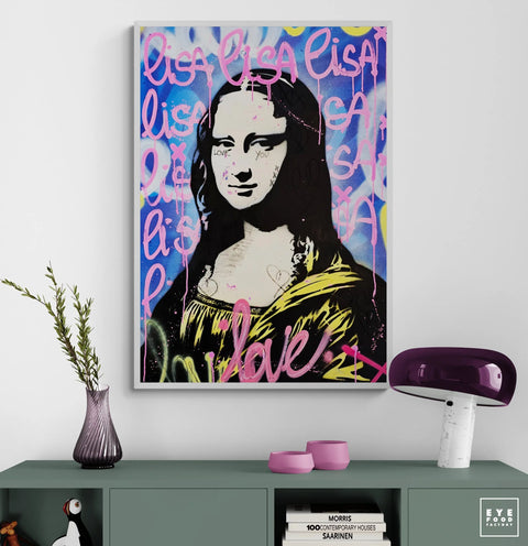 Colorful graffiti-style artwork depicting a famous Renaissance portrait with pink text overlaid.