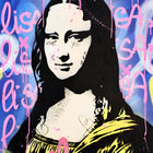 Graffiti-style artwork featuring a famous Renaissance portrait overlaid with colorful spray-painted text and designs.