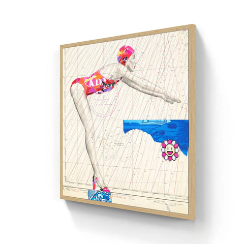 A vibrant, mixed-media artwork featuring a swimmer in a colorful swimsuit and cap against a backdrop of technical blueprint lines and pixelated floral elements.