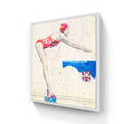 A vibrant, mixed-media artwork featuring a swimmer in a colorful swimsuit and cap against a nautical chart background with pixelated floral elements.