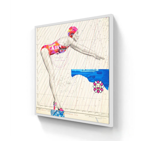 A vibrant, mixed-media artwork featuring a swimmer in a colorful swimsuit and cap against a nautical chart background with pixelated floral elements.