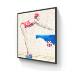 A vibrant, framed mixed-media artwork depicting a swimmer in motion against a backdrop of nautical chart lines and bold color blocks.