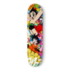 Colorful skateboard deck featuring anime-style cartoon characters and graffiti-inspired artwork.