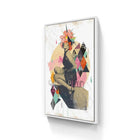 A canvas with a woman’s face and colorful geometric shapes