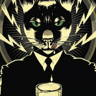 A black cat with green eyes and a suit holding a glass of beer