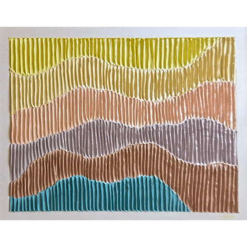 Abstract artwork featuring wavy horizontal bands of different colors with a textured, corrugated appearance.