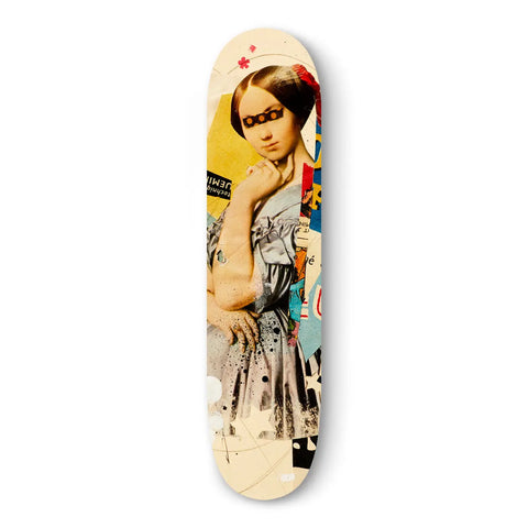 Skateboard deck featuring vintage-style artistic portrait design with decorative elements.