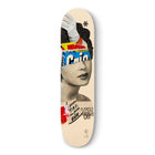 Skateboard deck featuring vintage-style collage artwork with text elements and a portrait in black and white.