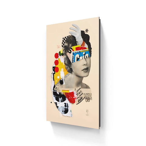 Artistic collage portrait combining a woman’s face with abstract shapes and text elements.