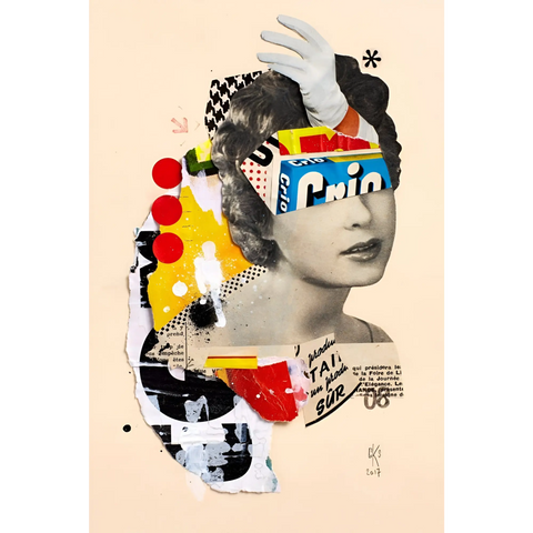 Surrealist collage portrait combining vintage photography with colorful abstract elements and text.