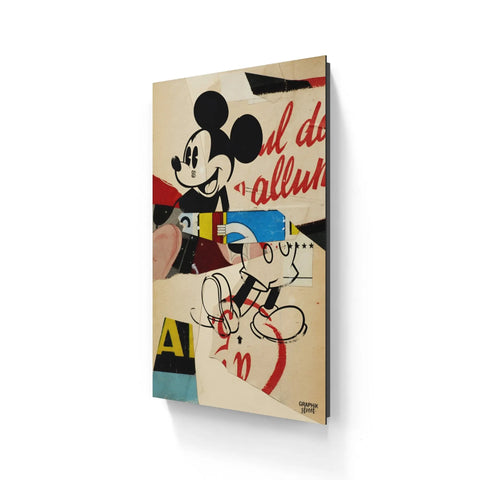 Colorful pop art-style canvas print featuring Mickey Mouse with fragmented text elements.
