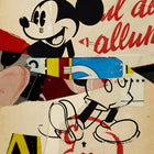 Stylized cartoon depiction of Mickey Mouse in a mixed-media collage style.