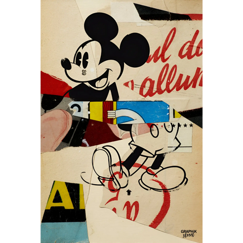 Stylized cartoon depiction of Mickey Mouse in a mixed-media collage style.