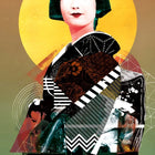 Stylized portrait of a geisha with a vibrant, abstract kimono design against a yellow circular backdrop.