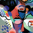 Colorful abstract portrait with geometric patterns and vibrant shapes.