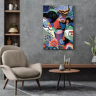 Vibrant abstract portrait painting with swirling colorful shapes and patterns.