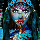 A woman with colorful makeup and feathers