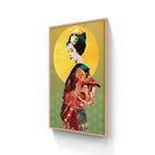 Framed artwork depicting a stylized geisha figure against a vibrant yellow circle and green background.