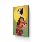 Canvas print depicting a stylized geisha figure in profile against a vibrant yellow and green background.