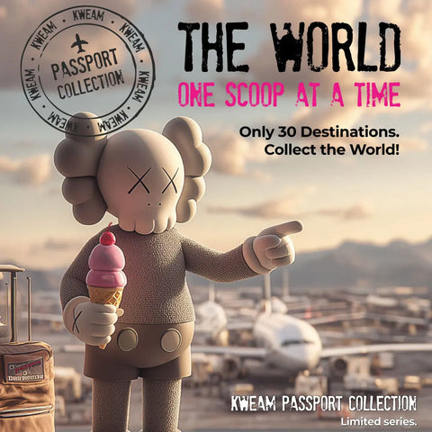 A beige kaws character figurine holding a pink ice cream cone wearing textured knitwear and shorts from norway aurora kweam original aluminium artwork