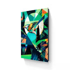 Colorful abstract geometric painting of a bird in flight.
