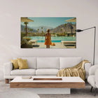 Living room with poolside artwork.