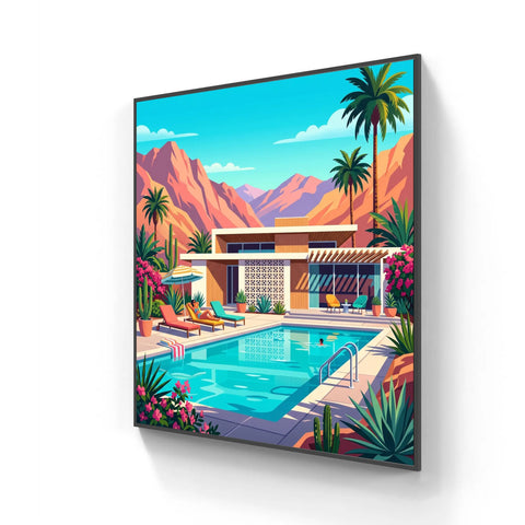 Vibrant mid-century modern aluminium wall art featuring turquoise pool desert mountains and palm trees for poolside decor