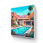 Vibrant mid-century modern aluminium wall art of turquoise poolside with palm trees and desert mountains under blue sky