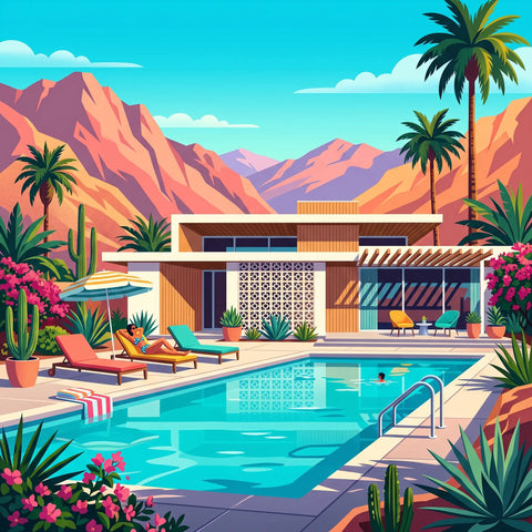 The palm springs club aluminium wall art featuring a mid-century modern poolside villa with terracotta patio and turquoise pool