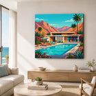 The palm springs club aluminum wall art with vibrant mid-century modern poolside scene featuring orange mountains and turquoise water