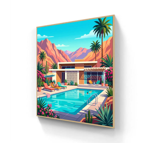 The palm springs club vibrant mid-century modern aluminium wall art with bold colors and palm trees for poolside decor