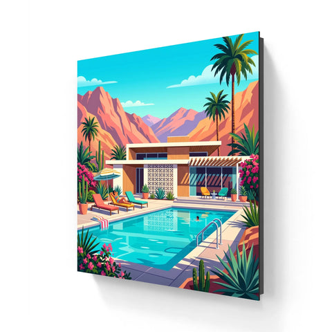 The palm springs club aluminium wall art features a vibrant mid-century modern poolside scene with turquoise water and palm trees