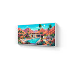 Vibrant aluminium wall art of mid-century modern desert home with pool palm trees and orange mountains under blue sky