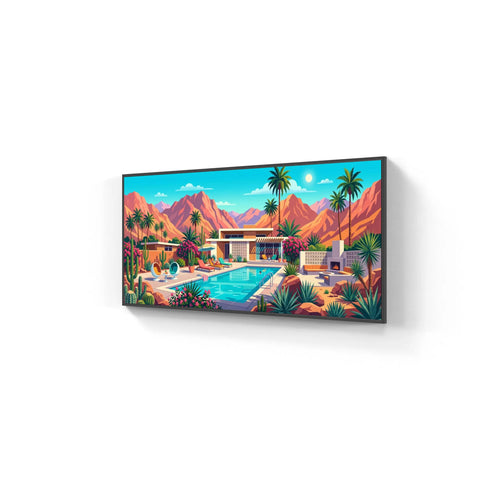 The palm springs club panorama aluminium wall art features a vibrant desert oasis with a pool house and palm trees framed black