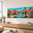 Vibrant aluminium wall art of mid-century modern desert house pool palm trees and cacti under bright blue sky