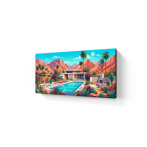 Vibrant desert-themed aluminium wall art featuring a mid-century modern house with pool palm trees and mountains