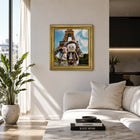Gold-framed original aluminium artwork of kaws character holding ice cream cone in front of eiffel tower paris kweam