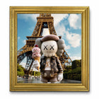 A kaws-style cartoon figure wearing a brown beret and louis vuitton monogram jacket holding an ice cream cone paris aluminium artwork