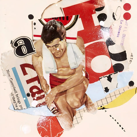 Shirtless muscular man in red shorts crouching in an athletic pose.