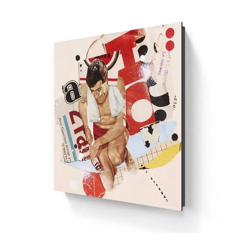 Canvas print featuring a collage-style artwork with a central figure surrounded by abstract shapes and text elements.