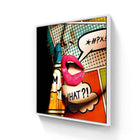 Pop art style canvas print featuring glossy red lips and comic book speech bubbles.