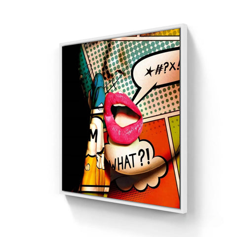 Pop art style canvas print featuring glossy red lips and comic book speech bubbles.