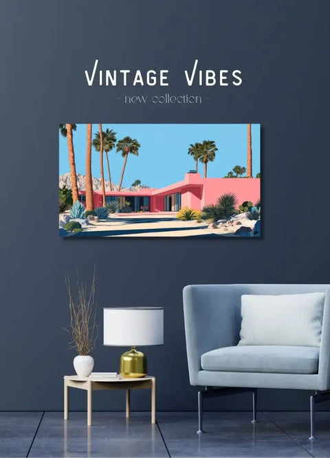 Pink retro house canvas art print with palm trees and blue sky design.