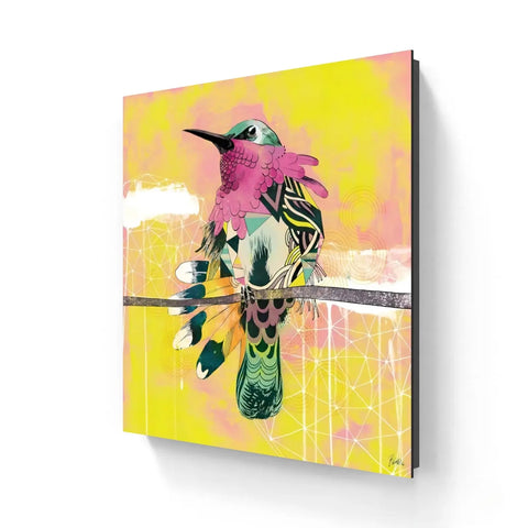 Colorful, stylized hummingbird perched on a branch with dripping paint effects.