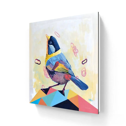 Colorful, stylized painting of a bird with geometric elements and abstract shapes.