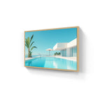 By the pool aluminium wall art featuring minimalist wooden-framed canvas print of modern infinity pool with turquoise water