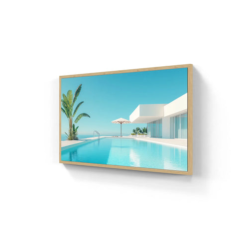 By the pool aluminium wall art featuring minimalist wooden-framed canvas print of modern infinity pool with turquoise water