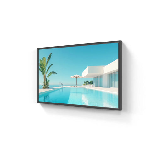 Black-framed aluminium wall art showing a vibrant turquoise poolside scene with modern architecture and palm trees
