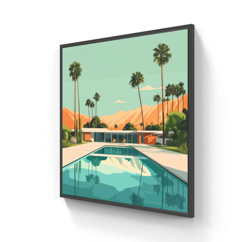 Framed desert oasis artwork.