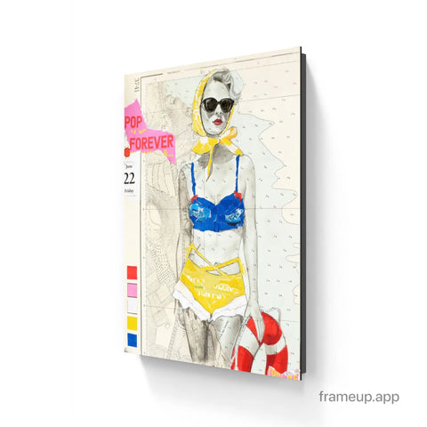 A vibrant pop art calendar featuring a woman in a blue and yellow bikini with sunglasses in limited edition aluminium